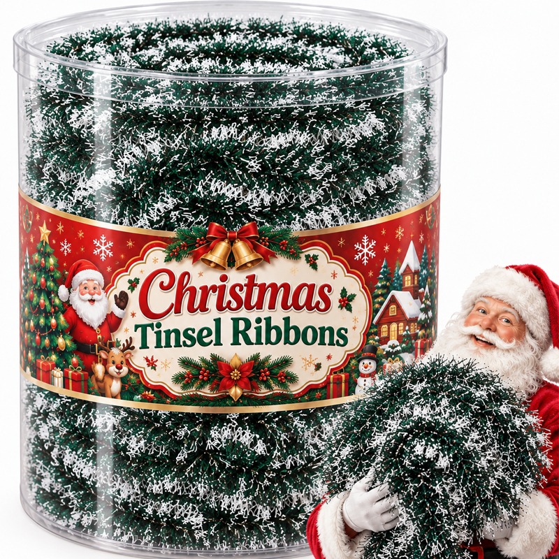 Tinsel Garland Decoration - 크리스마스 장식용 반짝이 리본, 녹색 줄무늬