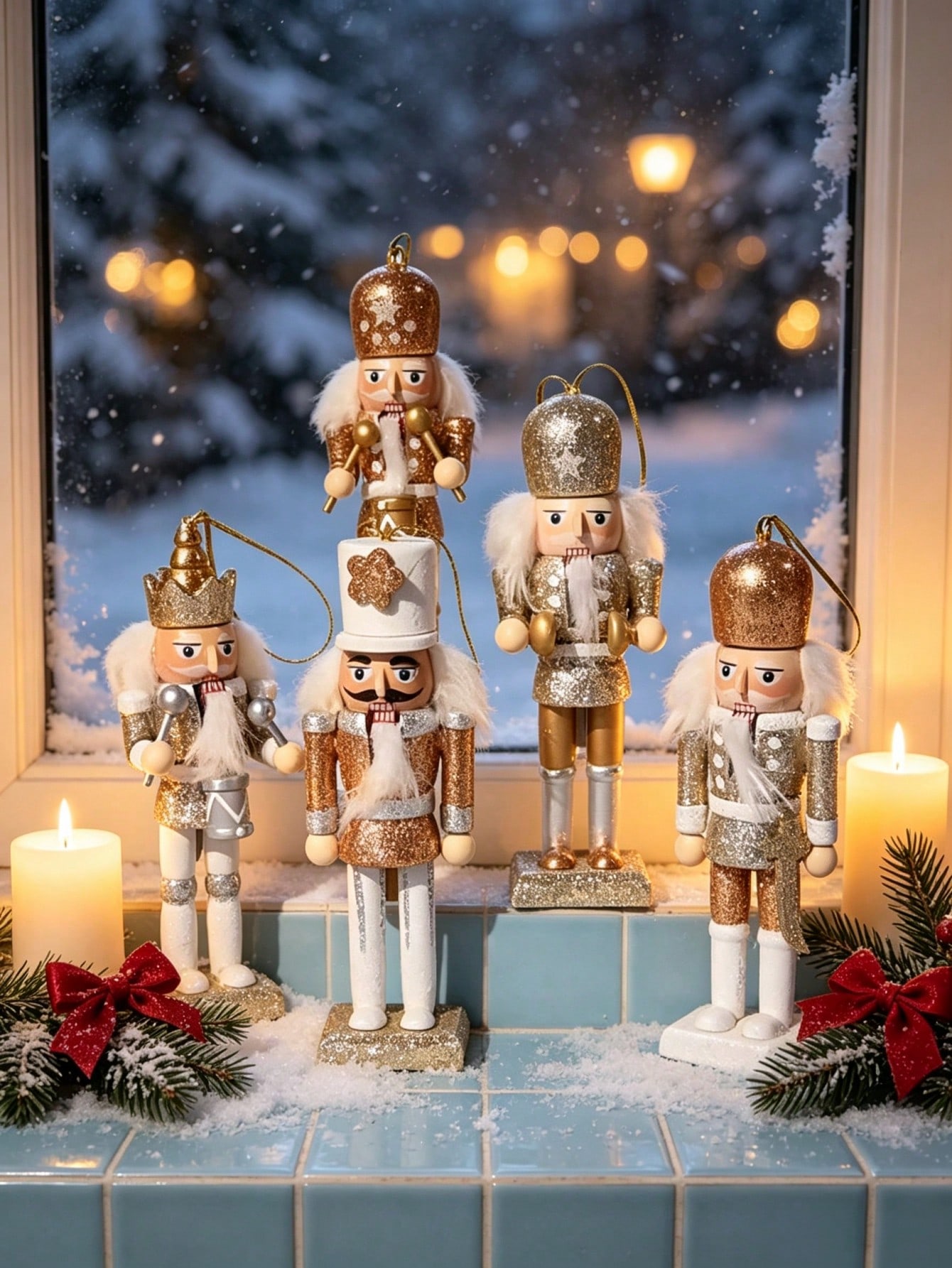 Nutcracker Figurine - 샴페인 골드 색상의 반짝이는 나무 인형